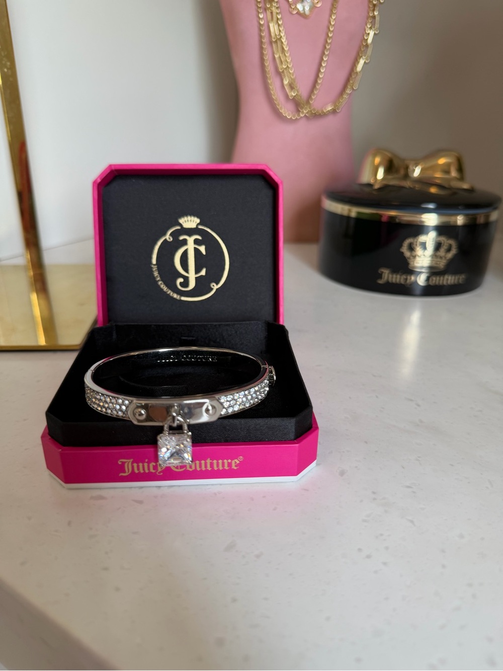Juicy Couture NIB Silver Crystal Lock Bracelet with Pavé Charm